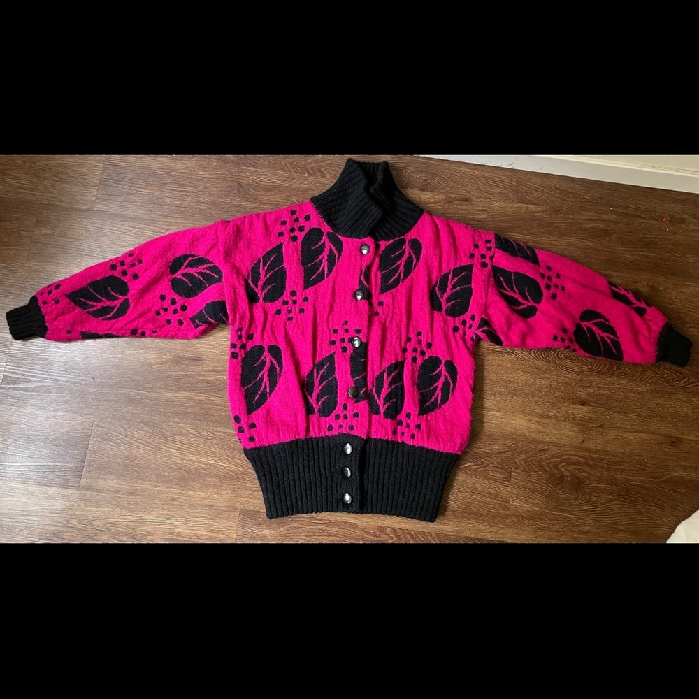 Vintage '80s Fuchsia & Black Fuzzy Textured Sweater Jacket Peck & Peck L/XL